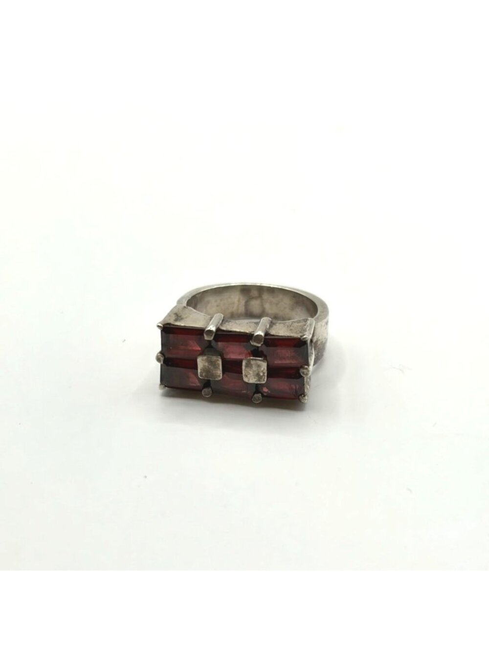 Sterling Silver 925 Red Garnet Baguette Cluster Cocktail Ring Size 6